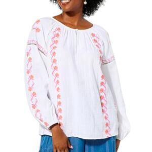 Gorgeous white peasant style long sleeve blouse  w/pink & yellow cross stitch 1X